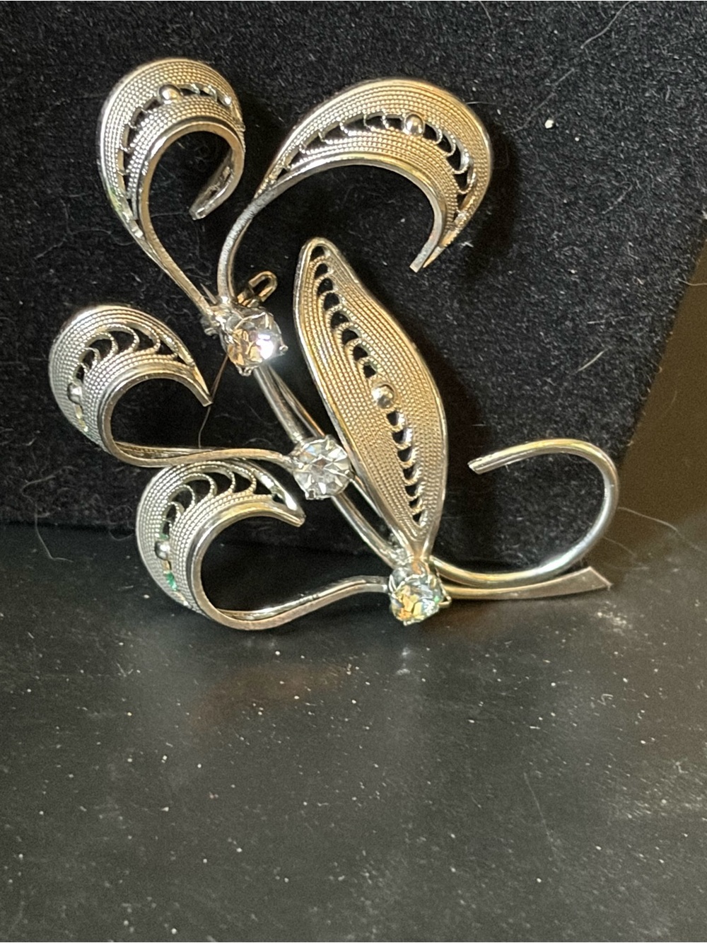 Vintage Signed West Germany Brass Silver Art Glass Rhinestone Brooch, Filigree